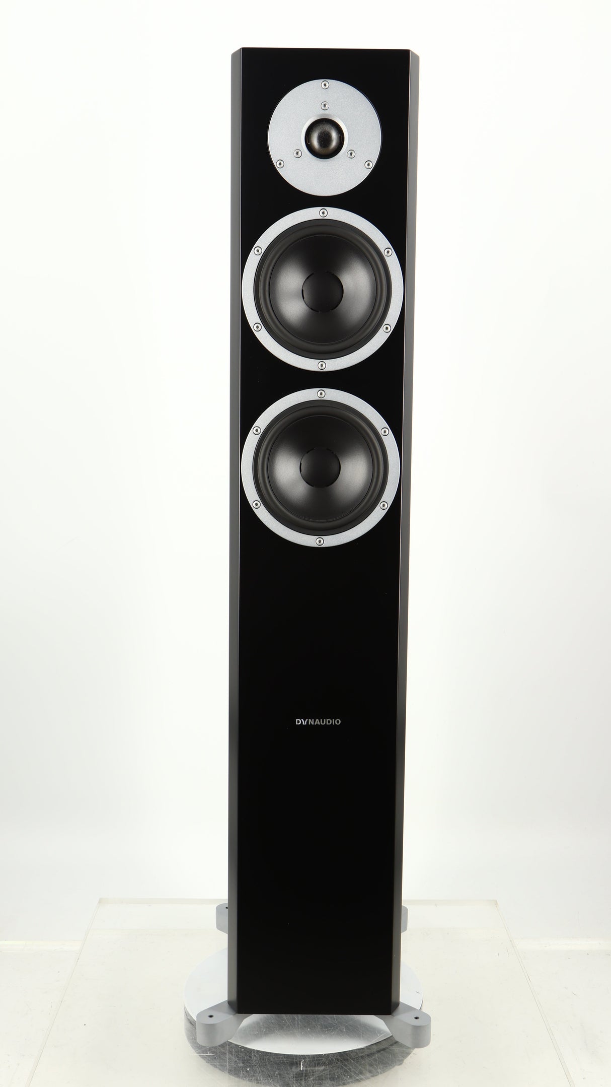 Front view of a used Dynaudio Excite X-34 Floorstanding Speaker in a satin black finish