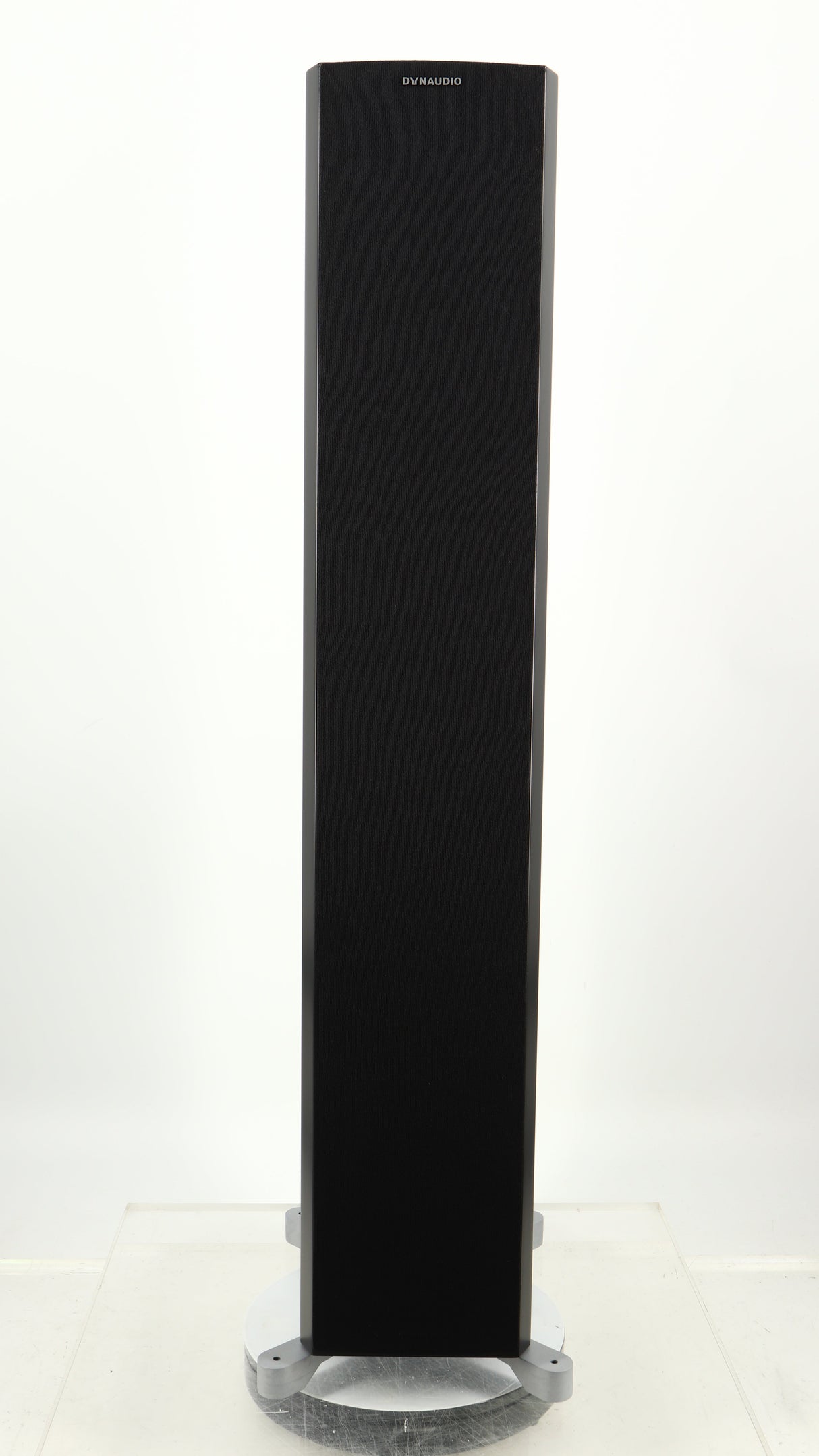 Front view of a used Dynaudio Excite X-34 Floorstanding Speaker in a satin black finish showing grille