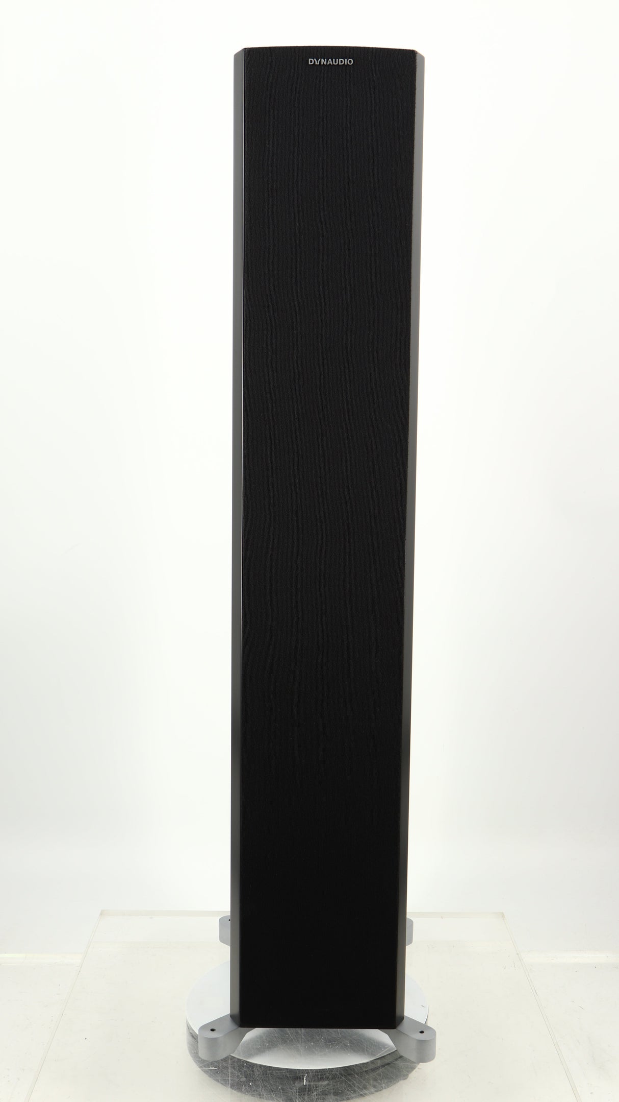 Front view of a used Dynaudio Excite X-34 Floorstanding Speaker in a satin black finish showing grille