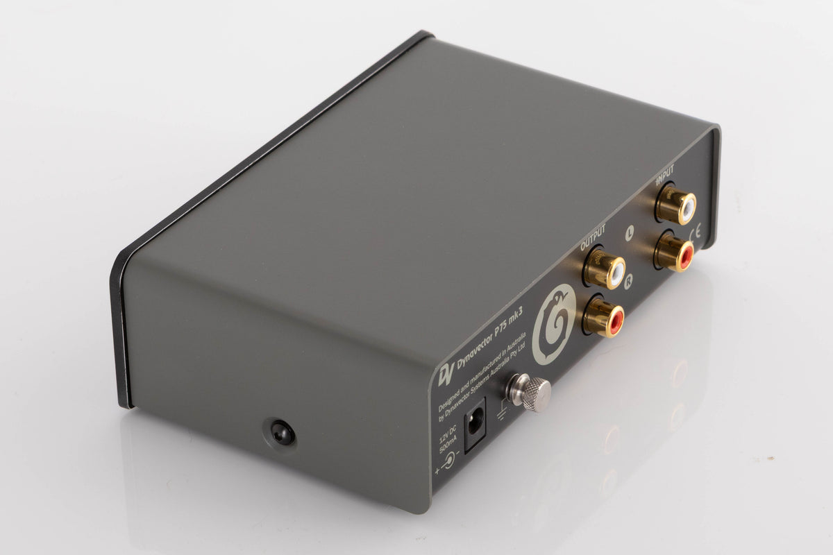 Rear right corner of a used Dynavector P75 MK3 Phonostage