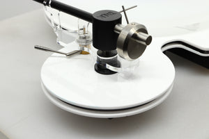 Close up view of a used Edwards Audio Apprentice Turntable in White finish 