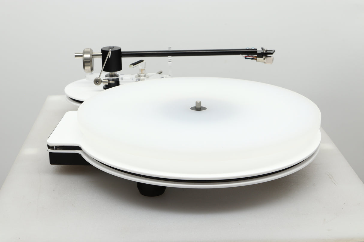 Side view of a used Edwards Audio Apprentice Turntable in White finish