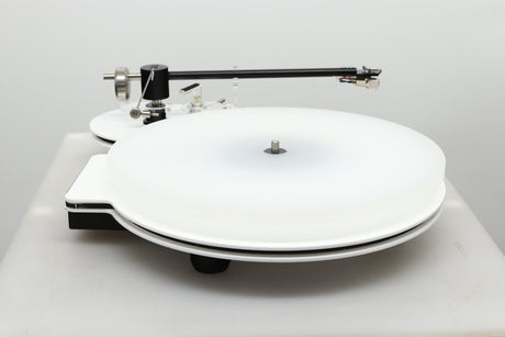 Side view of a used Edwards Audio Apprentice Turntable in White finish
