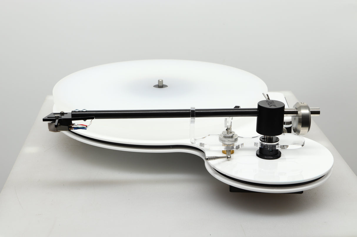 Side view of a used Edwards Audio Apprentice Turntable in White finish