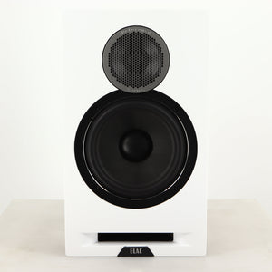 Front view of a used ELAC DBR62 Standmount Speaker in a light oak finish