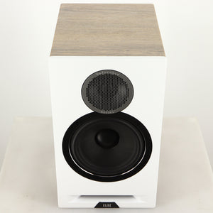 Top of a used ELAC DBR62 Standmount Speaker in a light oak finish