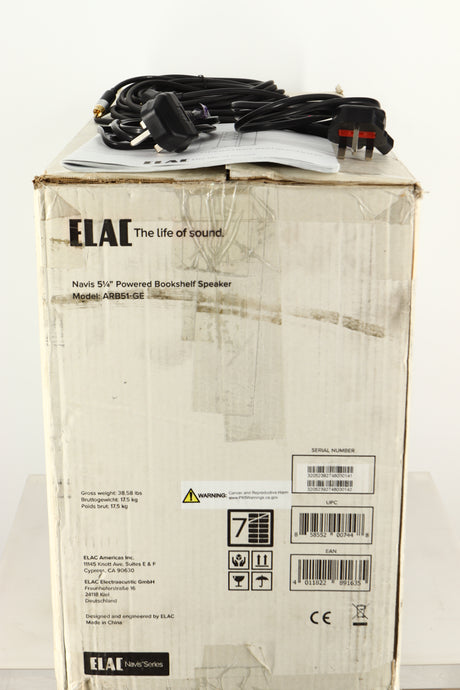 Box of a used pair of ELAC Navis B51 Active Standmount Speakers in Gloss Ebony Emara finish showing mains cables, and interconnects