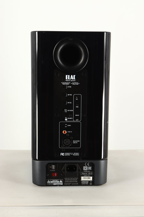 Rear view of a used ELAC Navis B51 Active Standmount Speaker in Gloss Ebony Emara finish