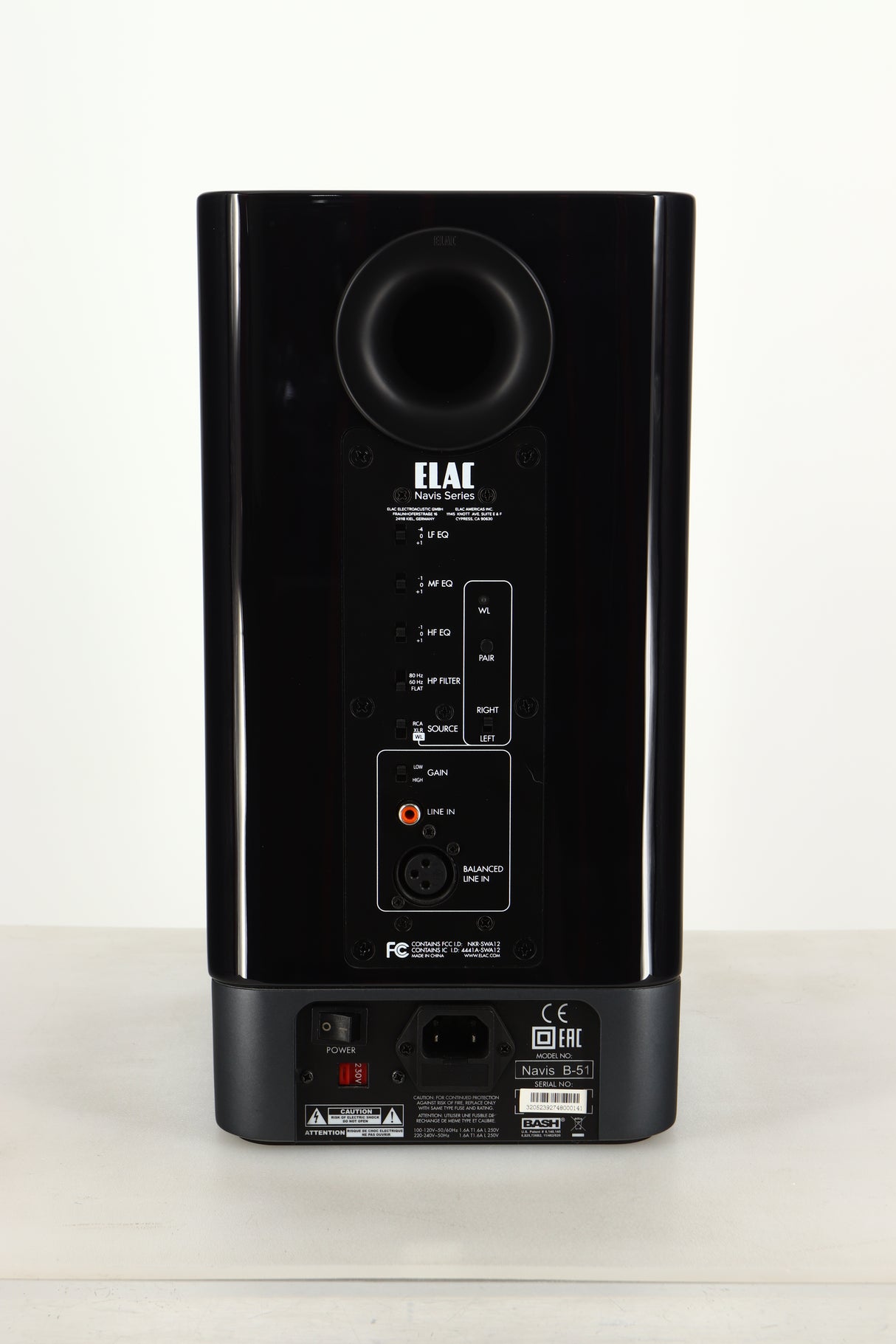 Rear view of a used ELAC Navis B51 Active Standmount Speaker in Gloss Ebony Emara finish
