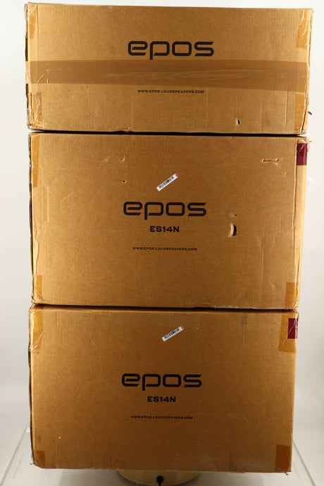 Boxes of a used pair of Epos ES14N Standmount Speakers in Walnut finish