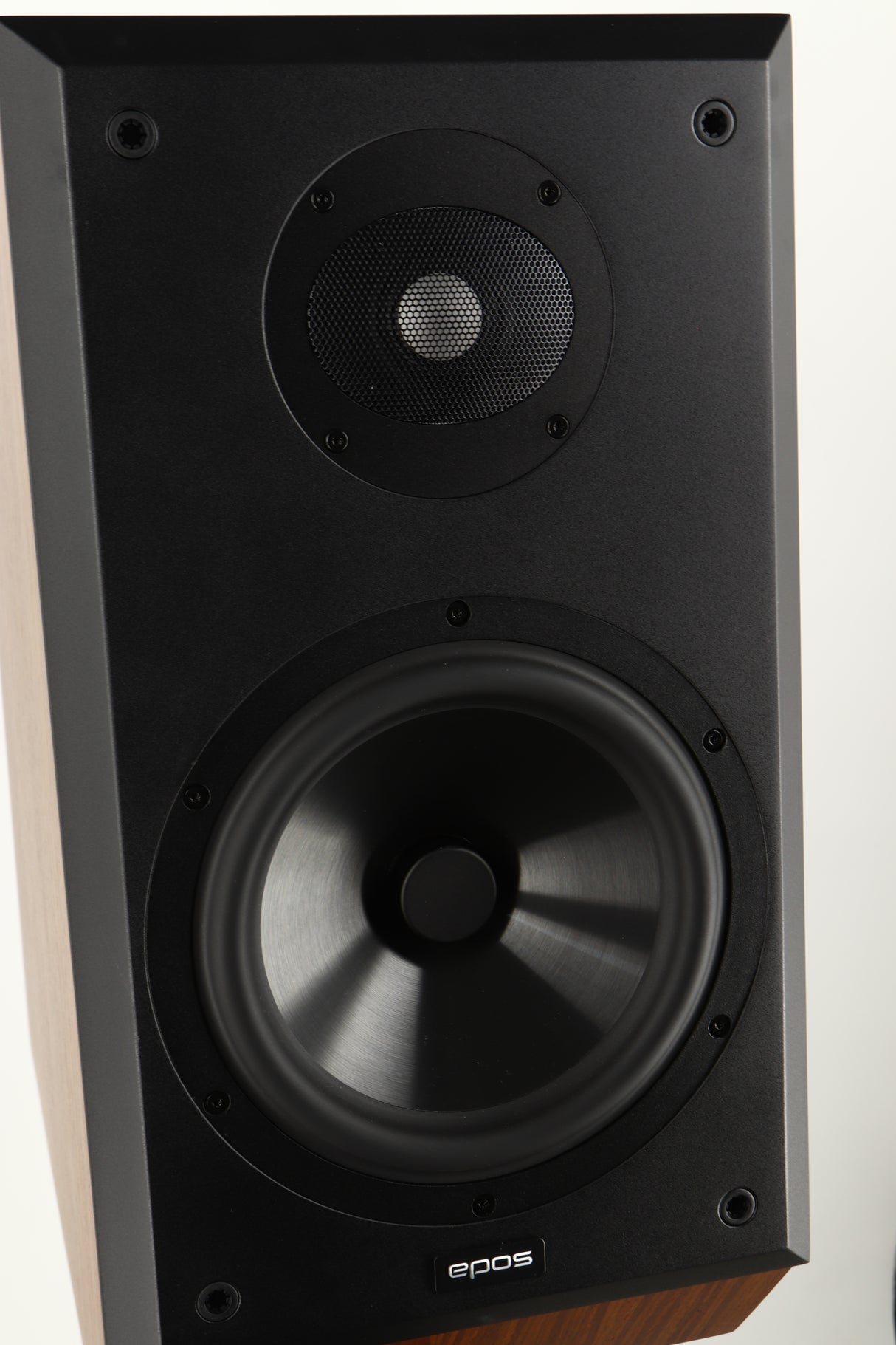 Close up view of a used Epos ES14N Standmount Speaker in Walnut finish