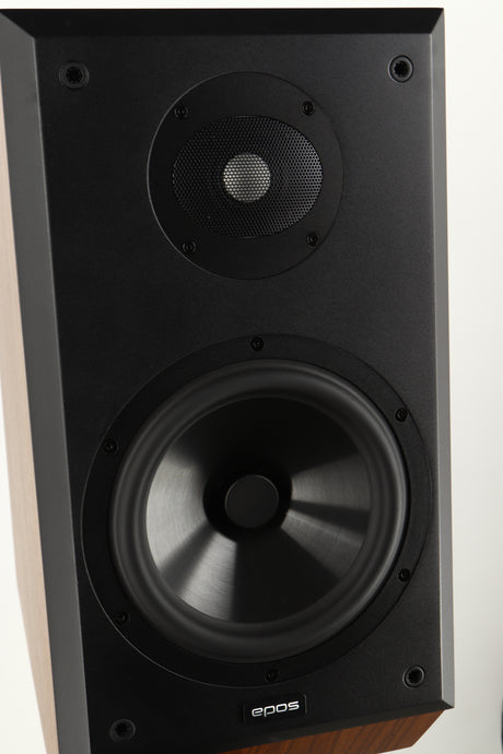 Close up view of a used Epos ES14N Standmount Speaker in Walnut finish