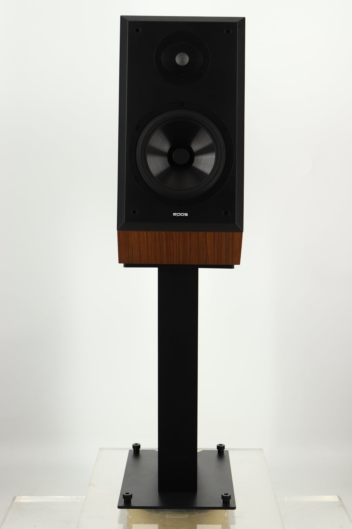 Front view of a used Epos ES14N Standmount Speaker in Walnut finish