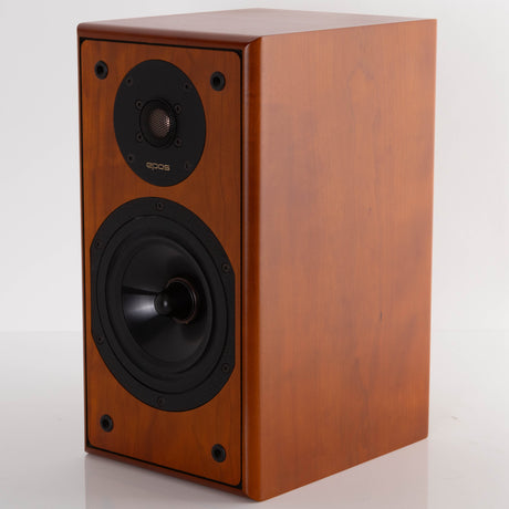 Front right corner of a used EPOS M12.2 Standmount Speaker in a Cherry finish