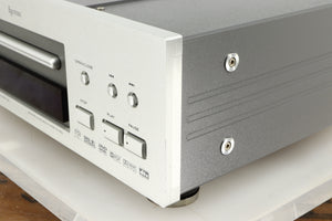 Front right corner of a used Esoteric DV-50s DVD Player in a silver finish