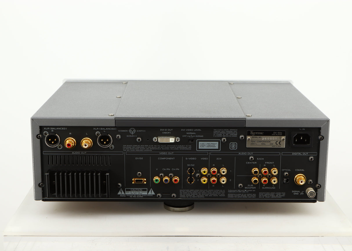 Rear view of a used Esoteric DV-50s DVD Player in a silver finish showing Mains Input, Phono Outputs and Optical Output
