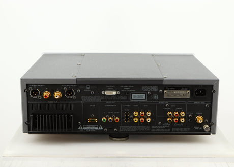 Rear view of a used Esoteric DV-50s DVD Player in a silver finish showing Mains Input, Phono Outputs and Optical Output