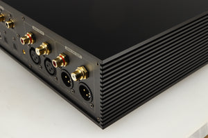 Rear left corner of a used Eversolo DMP A8 Streamer / Pre Amplifier / DAC in a black finish