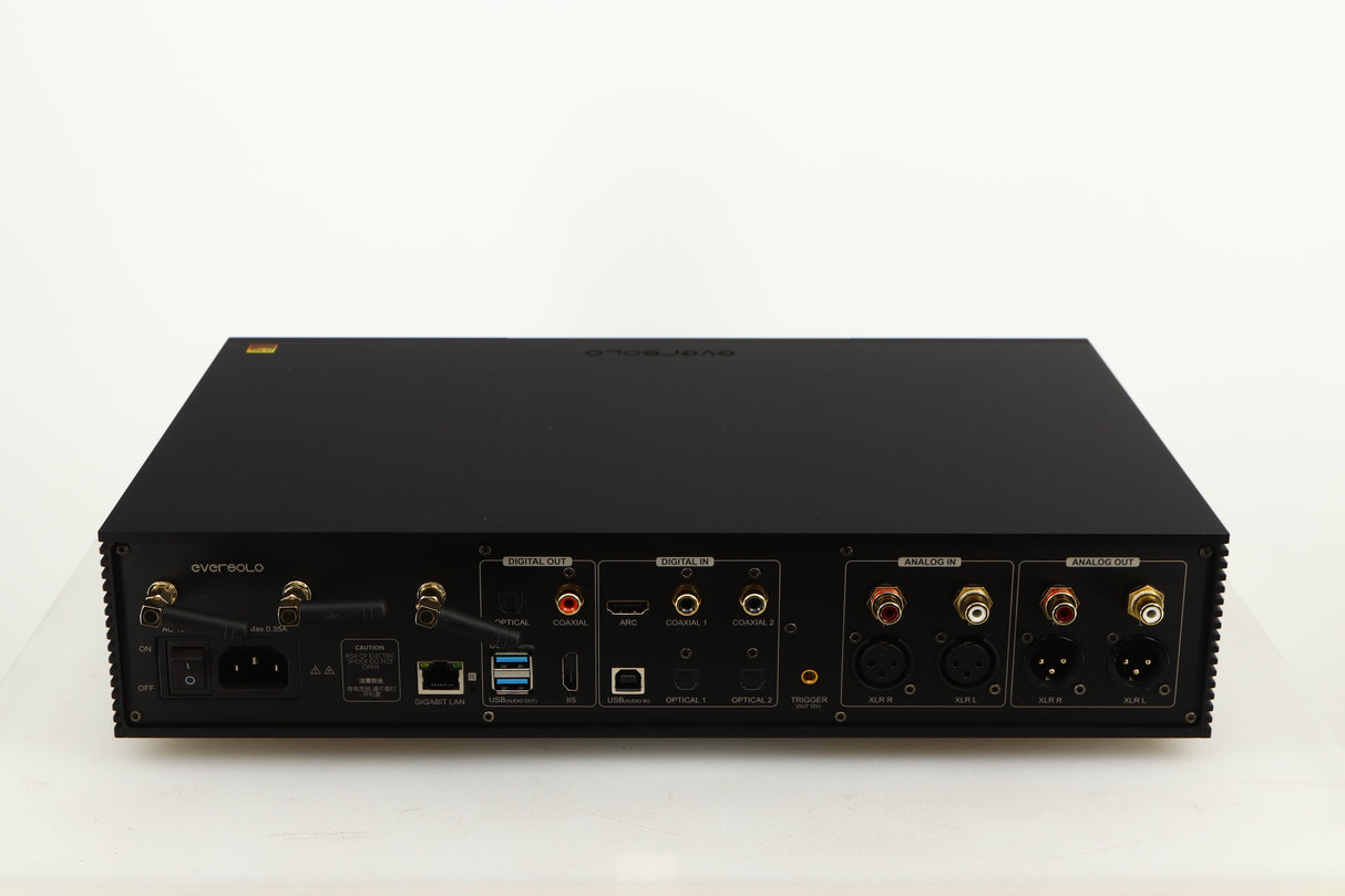 Rear view of a used Eversolo DMP A8 Streamer / Pre Amplifier / DAC in a black finish showing Phono Inputs, Phono Outputs, Mains Input, Optical Inputs, Optical Outputs, Network Output and HDMI Input