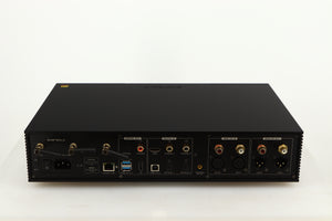 Rear view of a used Eversolo DMP A8 Streamer / Pre Amplifier / DAC in a black finish showing Phono Inputs, Phono Outputs, Mains Input, Optical Inputs, Optical Outputs, Network Output and HDMI Input