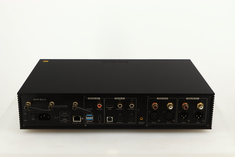 Rear view of a used Eversolo DMP A8 Streamer / Pre Amplifier / DAC in a black finish showing Phono Inputs, Phono Outputs, Mains Input, Optical Inputs, Optical Outputs, Network Output and HDMI Input