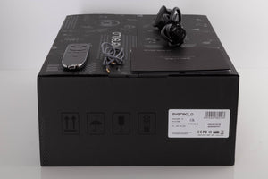 Box of a used Eversolo T8 Streaming Transport with mains cable, remote, and 3.5mm cable