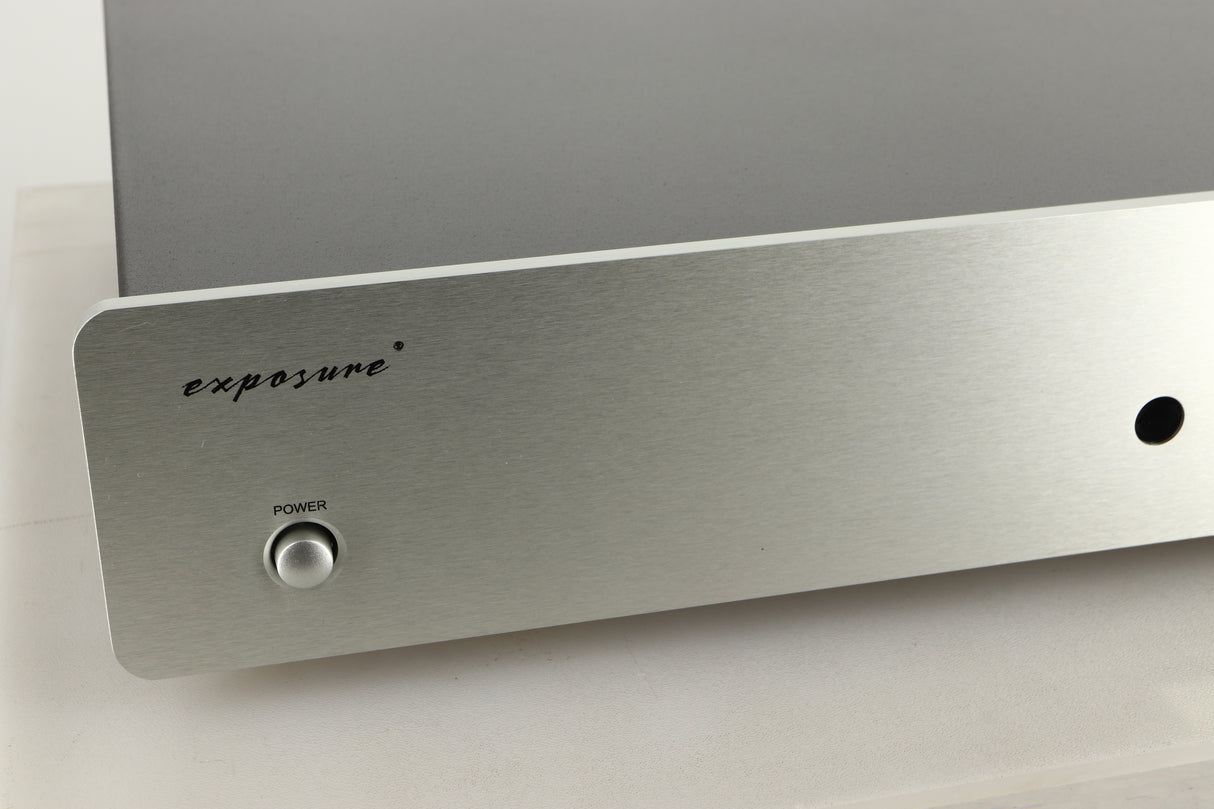 Close up view of a used Exposure 2510 Integrated Amplifier in Titanium finish