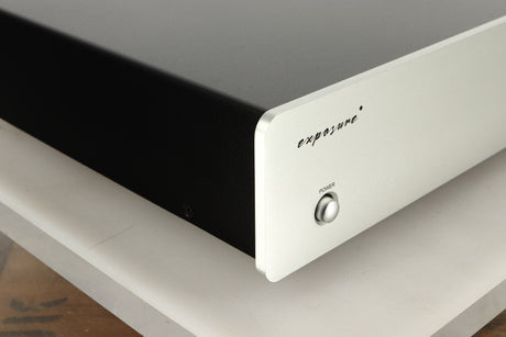 Front left corner view of a used Exposure 2510 Integrated Amplifier in Titanium finish