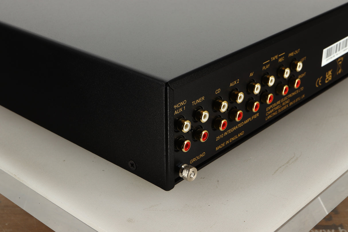 Rear left corner view of a used Exposure 2510 Integrated Amplifier in Titanium finish