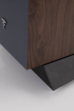 Close up view of a used Focal Chora 826 Floorstanding Speaker in Dark Wood showing some damage on the bottom corner 