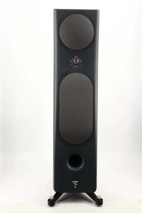Front view of a used Focal Kanta N2 Floorstanding Speaker in a walnut grey finish showing grilles