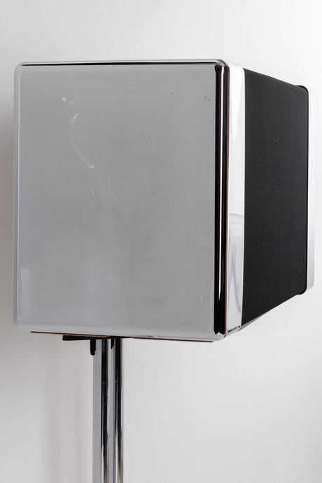 Close up of a used Gale GS401 Standmount Speakers W/ Stand in a Chrome finish showing left side