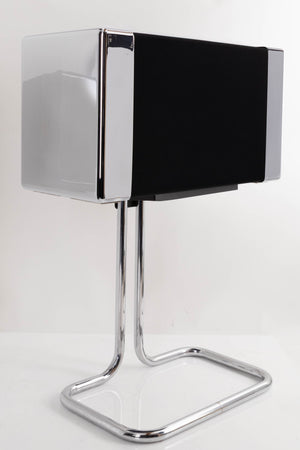 Front left corner of a used Gale GS401 Standmount Speakers W/ Stand in a Chrome finish