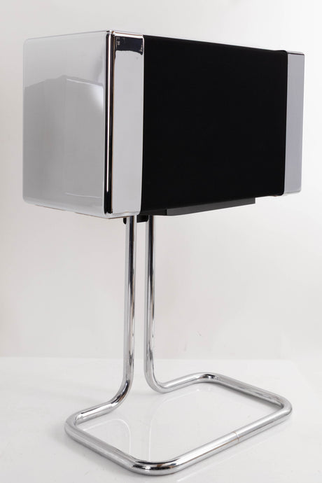Front left corner of a used Gale GS401 Standmount Speakers W/ Stand in a Chrome finish