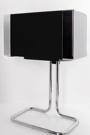 Front right corner of a used Gale GS401 Standmount Speakers W/ Stand in a Chrome finish
