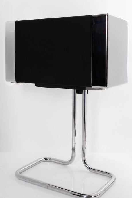 Front right corner of a used Gale GS401 Standmount Speakers W/ Stand in a Chrome finish