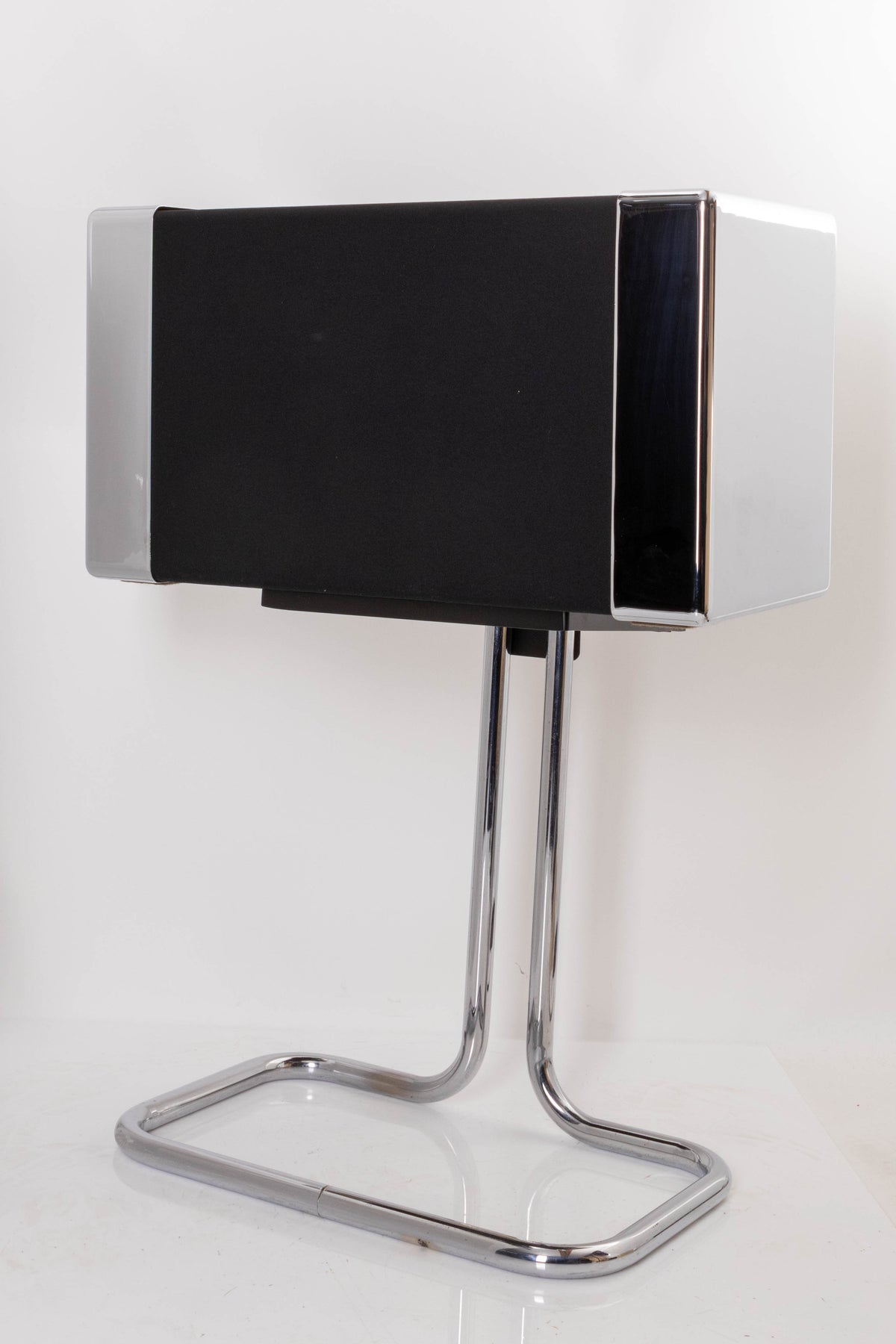 Front right corner of a used Gale GS401 Standmount Speakers W/ Stand in a Chrome finish