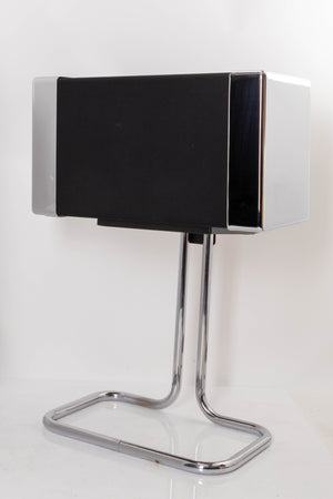 Front right corner of a used Gale GS401 Standmount Speakers W/ Stand in a Chrome finish