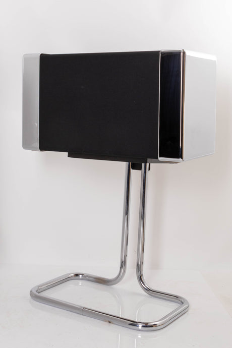 Front right corner of a used Gale GS401 Standmount Speakers W/ Stand in a Chrome finish