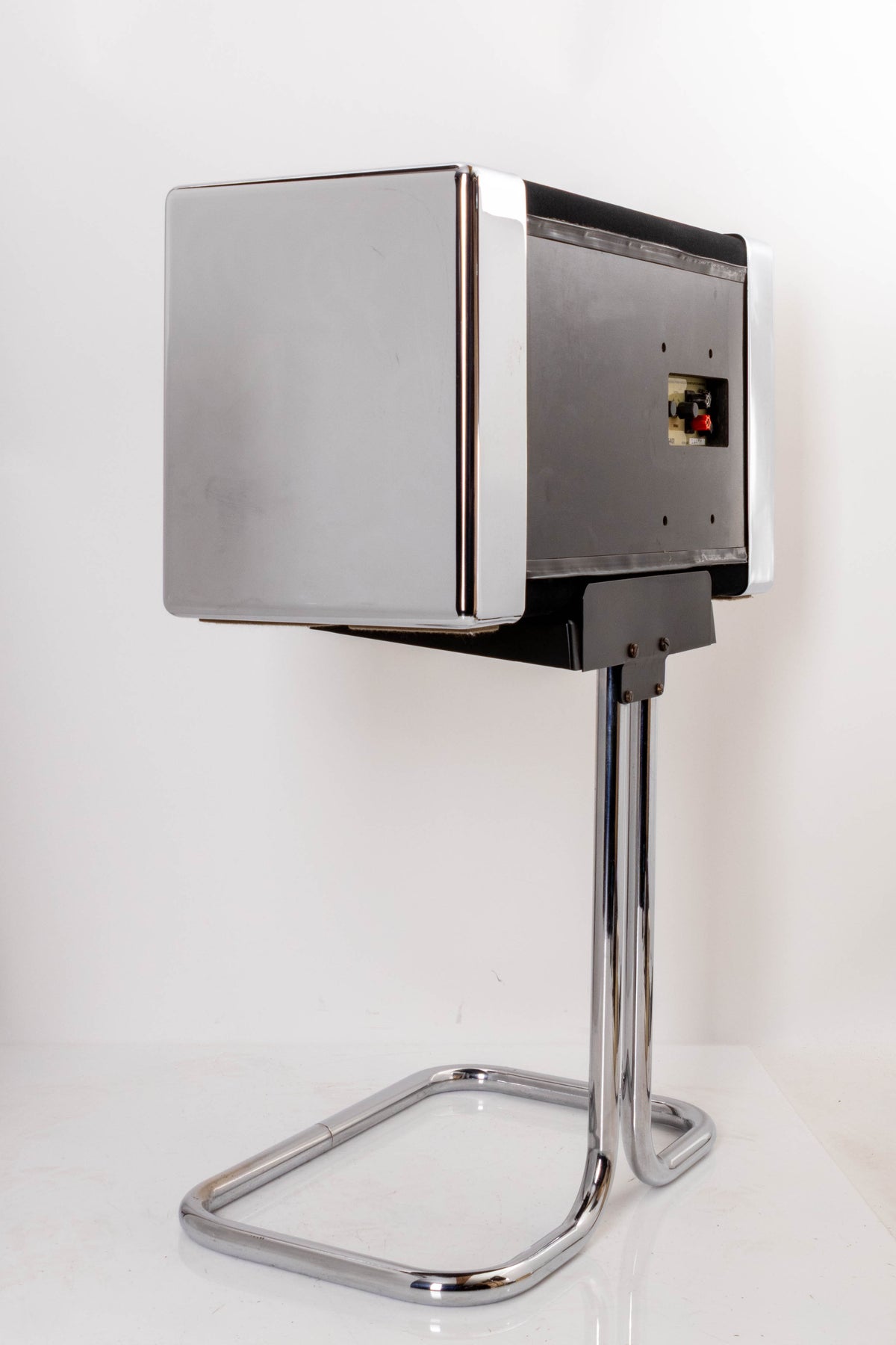 Rear right corner of a used Gale GS401 Standmount Speakers W/ Stand in a Chrome finish