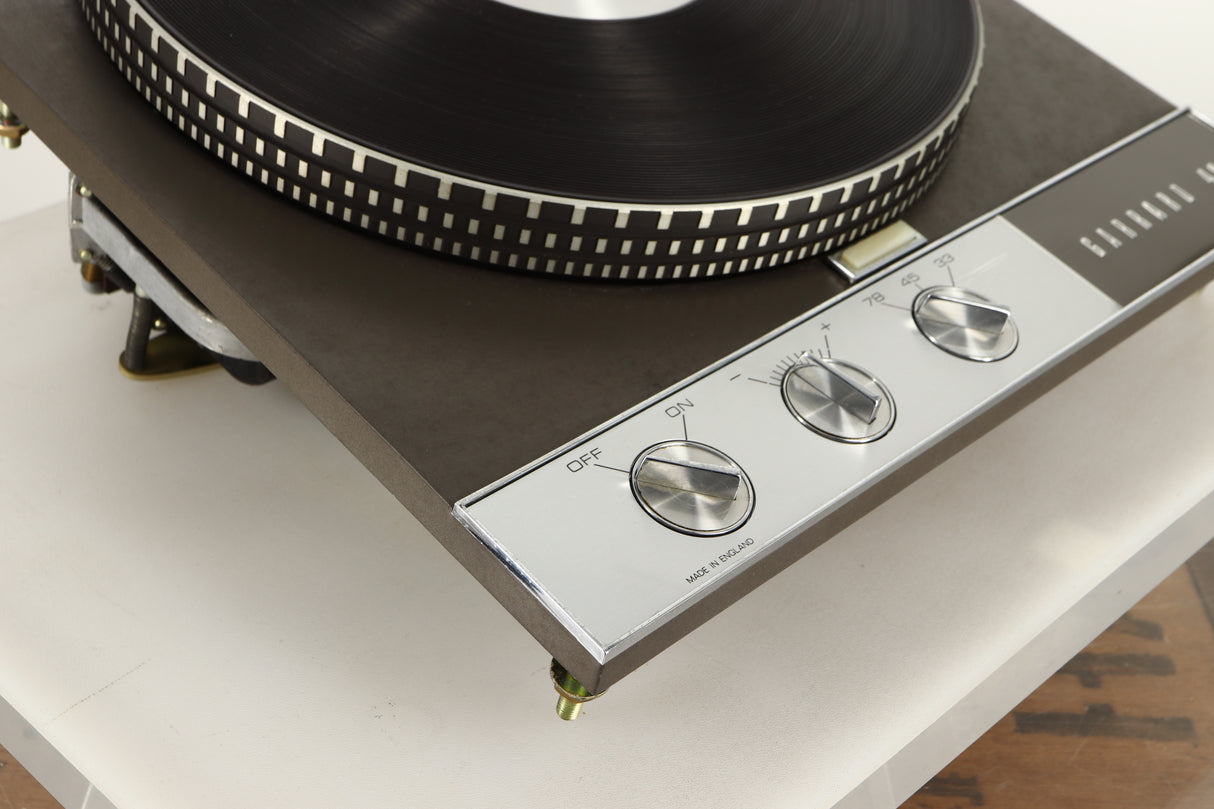 Front left corner view of a used Garrard 401 Turntable