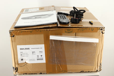 Box of a used GATO DIA-250S Integrated Amplifier in High Gloss Walnut finish with mains cable, manual, remote, and antenna 