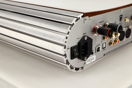 Rear left corner view of a used GATO DIA-250S Integrated Amplifier in High Gloss Walnut finish