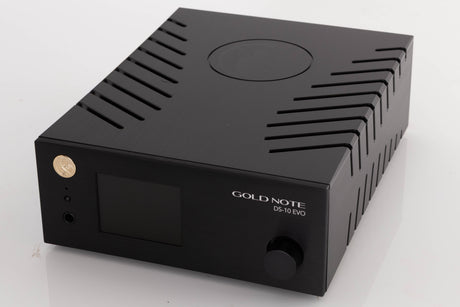 Close up of a used Goldnote DS-10 Evo Streaming Digital Analogue Converter in a Black finish showing fascia