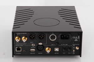 Rear view of a used Goldnote DS-10 Evo Streaming Digital Analogue Converter in a Black finish showing Mains Input, USB Input, Network Input, Analogue Output,  Coaxial Input and Optical Inputs