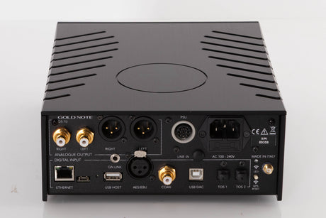 Rear view of a used Goldnote DS-10 Evo Streaming Digital Analogue Converter in a Black finish showing Mains Input, USB Input, Network Input, Analogue Output,  Coaxial Input and Optical Inputs