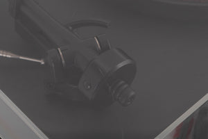 Close up of a used Goldring GR1.2 Turntable W/ Linn Basik Cartridge in a Black finish showing scratches on lid