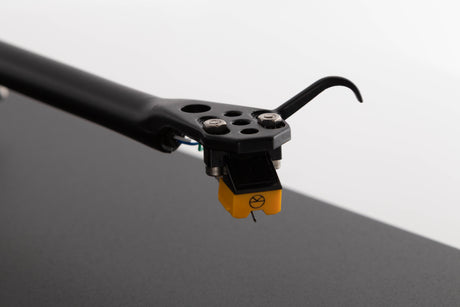 Close up of a used Goldring GR1.2 Turntable W/ Linn Basik Cartridge in a Black finish showing stylus