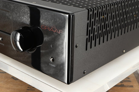 Front right corner of a used Graaf GM50 Integrated Amplifier in a black finish