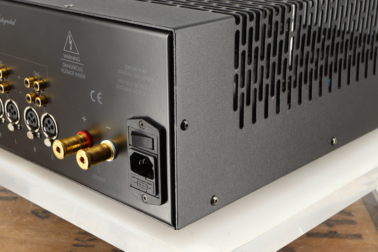 Rear left corner of a used Graaf GM50 Integrated Amplifier in a black finish